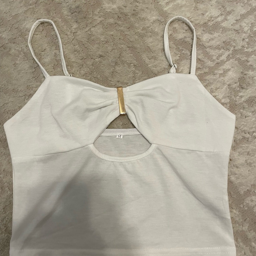 White Cutout Tank Top with Gold Accent